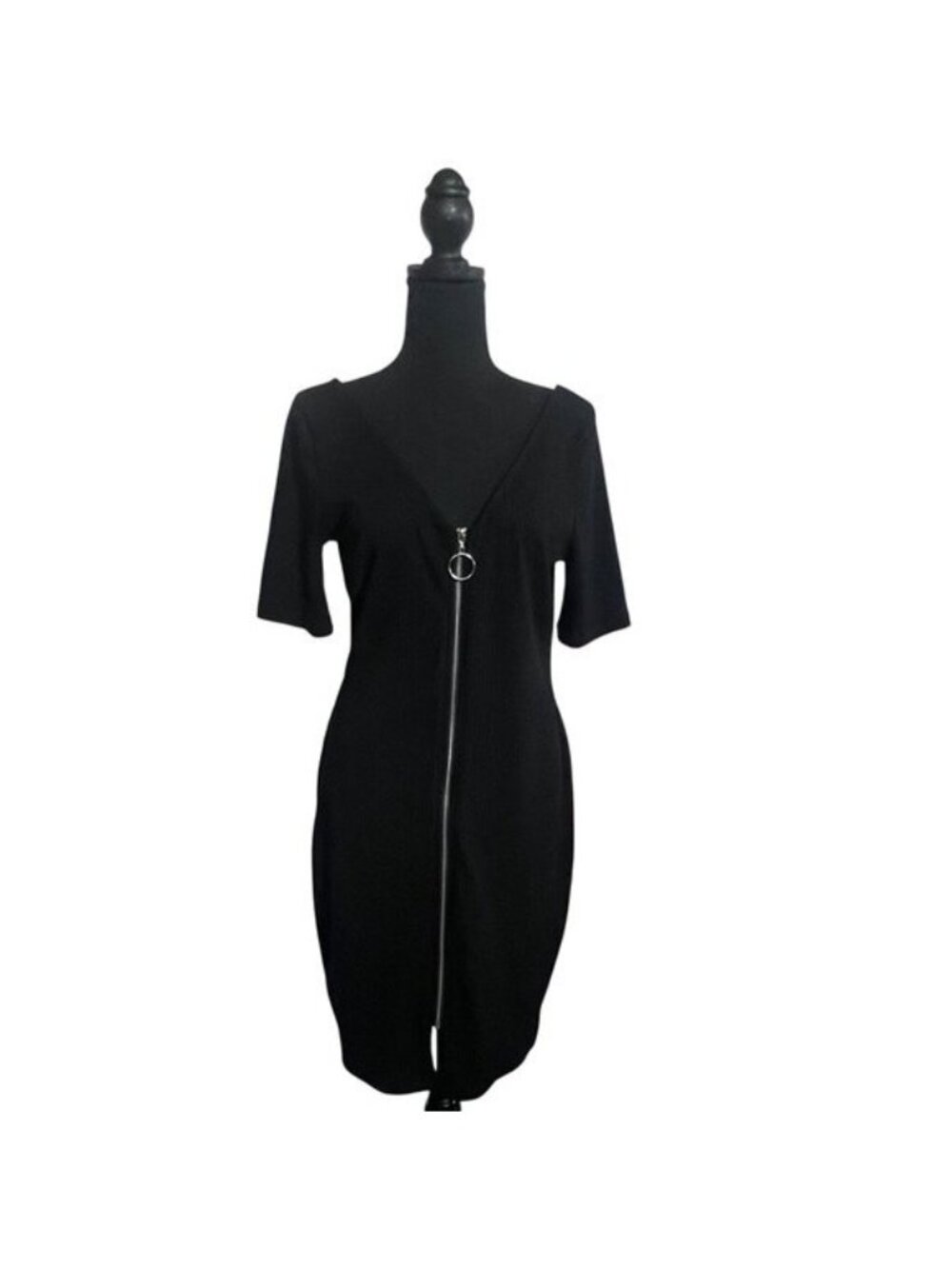 Black Ribbed Full Zip-Front Mini Dress With V-Neckline & Ring Pull Accent, XL